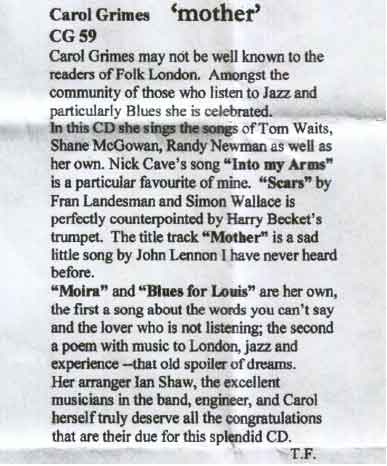 carol grimes folk London review May 2005